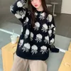 Kimutomo Women Rose Jacquard Knitted Sweater Spring Autumn Female O-neck Chic Long Sleeve Pullover Knitwear Fashion 210521