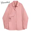 Yitimuceng زر بلوزة المرأة قمصان فضفاض الوردي الصلبة الربيع مربع طوق قميص كم واحد الصدر الأزياء الملابس 210601