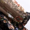 Frauen Vintage Elegante Blumen Druck Chiffon Midi Kleid V-ausschnitt Langarm Durchsichtig Chic Damen Kleider Vestidos Mujer 210507