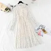 Polka dot print kvinnor klänning 2-bitars uppsättning vår sommar vintage sött mesh klänningar långärmad fest klänning robe femme vestido 210521