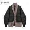 Yitimuceng Patchwork Parkas Winter Coat Women Spliced ​​Houndstooth Elegant Koreansk Fashion Single Breasted Jacket Spring Black 210601