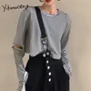 Yitimuceng Woman Tshirts Long Sleeve Summer Comfortable Black White Striped Tops for Women Fashion O-neck Hollow Out Clothes 210601