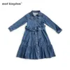 MudkingDom Big Girls Kleding Denim Ruched Lange Mouw T-shirt Tops Blouse Solid Dress 210615