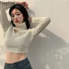 Neploe Sexy Crop Tops Knit Cropped Swetry Zimowe Odzież Swetry Kobiety Chic Hollow Out Turtleneck Jumper Sueter Mujer 210422