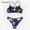 Seaselie Sexy Wycinanka Niski Talii Zestawy Bikini Swimweear Kobiety Stroje kąpielowe Kostium Kąpielowy Navy Floral Tank Bikinis Beachwear 210630