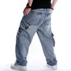 Hip hop jeans män sidfickor denim overall byxor harems stora storlek 44 baggy lös passform man 210622