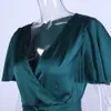 Women Deep V Neck Ruffles Mini Dress Green Satin Sashes Low Cut Asymmetrical Short Dresses Vestidos Summer Partywear Robes 210517
