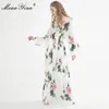 Robe de créateur de mode printemps été femmes robe à manches longues lys imprimé fleuri vacances Maxi robes 210524