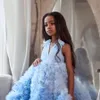 2022 Abiti da ragazza di fiore con volant sfumato per la cerimonia nuziale Abiti da spettacolo per bambini con scollo a V senza schienale Sweep Train Tulle Vestito da ballo per bambini Cg001