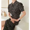 Korejpaa Women Dress Summer Korean Chic Girl Western Style Doll Collar Single-breasted Loose High Waist Puff Sleeve Vestido 210526