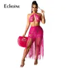 Echoine Sexy Two Piece Swimsuit BacklCrop Top Tassel Midi Dresses 2021 Women Summer Beachwear Clubwear Matching Outfits X0709
