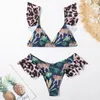 Bikini brasilianska mujer sommar ruffle swimwear kvinnor leopard djur print push up sexig baddräkt bandage två stycken simma slitage 210520