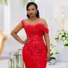 2021 Plus Size Arabo Aso Ebi Red Mermaid Abiti da ballo sexy Sheer Neck Pizzo Perline Sera Partito formale Secondo ricevimento Abiti da damigella d'onore Abito ZJ215