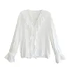 PERHAPS U Women White Black Ruffle V Neck Long Sleeve Puff Sleeve Solid Top Shirt Blouse Top High Street B0206 210529