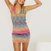 Summer Gradient Backless Knit Dress Women Mini Beach Party Halter Dress Holiday Slim Ladies Stretch Sweater Dress 210514