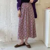 Rokken Vintage Floral Print Ruche Chiffon Purple Geplooide Lange Vrouwen Koreaanse Rok Streetwear Drawstring Elastische Taille Midi Skirt1