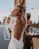 Bohemian Dresses Lace V Neck Elegant Wedding Gown Boho Beach Bridal Dress Long Sleeves Open Back Vestido Novia