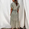 Casual Verde Floreale Donna Dr2021 Estate Elegante Boho Con Scollo A V Abiti A Maniche Corte Per Le Donne Moda Increspato Stampa Maxi Vestito X0621