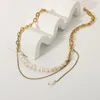 Hängsmycke halsband 14k guldpläterad titan rostfritt stål halsband barock dubbla naturliga sötvattenspärlkedjor damer smycken
