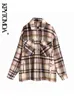 KPYTOMOA Kvinnor Fashion Oversized Plaid Jacket Coat Vintage Långärmade fickor Kvinnor OuterWear Chic Toppar 211109