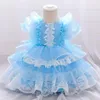 Платья девушки 2021 Baby Lolita Princess Ball Clange младенческий 1-летний день рождения вечеринка детей кружева лук Vestidos цветок девушка свадебное платье