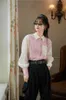 Różowy kolor Blok Latarnia Przycisk Rękawów Koszula Kobiety Long Bluzka Casual Ruched Top Fall Korean Moda Odzież 210427