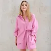 Hiloc Rahat Pijama Pamuklu Pijama Kadınlar Için Setleri Takım Turn-down Yaka Dokuz Çeyrek Kol Uyku Şort Tops Kadın Homewear 211028