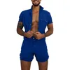 Overaller män shorts jumpsuit sommar mens ärm slim passform rompers streetwear casual knapp s byxor 210714