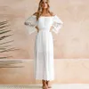 TEELYNN abito lungo boho cotone bianco rayon sexy al largo della spalla spiaggia prendisole manica lunga splice pizzo abiti da donna vestido 201025