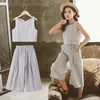Fashion Suspenders Clothes Set for Teenage Children Stripes Shirts and Loose Wide Leg Pants Summer Kids Girls Outfits 12Y 210622