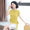 Sommer Seide Kurzarm Frauen Bluse und Tops Büro Dame Plus Größe Solide Bogen Shirts Frauen Blusas Mujer De Moda 9899 210326