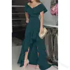 European American Sexy V-neck Irregular Solid Color Maxi Dress Hem Ruffle Women Short Sleeve Floor-length Elegant Party Dresses Y1006