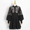 TWOTWINSTYLE Black Lace Up Bowknot Dress For Female Stand Collar Long Sleeve Patchwork Lace Dresses Female Fashion Clothing 210517