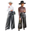 女性ワイドレッグハイウエストPUレザーパンツカジュアル包帯ルーズフィットズボンポケットフロントジッパーファッションオフィスレディストリートウェア210525