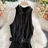 Women's Romper Spring Autumn Turn-Down Collar Sleeveless Vintage Playsuits Female Off Shoulder Pleated Jumpsuit New Fashion 210326