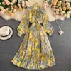 Autumn Bohemian Floral Long Dress Women Vacation Beach Party Vestidos Female Bow Collar Lantern Sleeve Chiffon Robe Fashion 210320