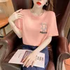 Wwenn verão beading camiseta mulheres tops solto casual branco tshirt manga curta oversize camiseta femme amarelo preto rosa 210507