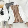 Patchwork Fake Two Sweaters for Women Fall Woman Korean Sueter O-neck Pleated Pullovers Fashion Jumper Pull Femme 210519
