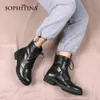 SOPHITINA Winter Block Punky Retro Style Martin Ankle Boots Woman Genuine Leather Print Fretwork Low Square Heel Flat Shoe PC850 210513