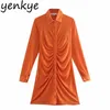 Fashion Women Vintage Solid Color Long Sleeve Dress Lapel Collar Front Draped Spring Autumn Casual Robe Femme 210514