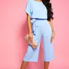 Womens Jumpsuits Round Neck Short Sleeve Loose Capri-Pants Rompers Casual Wear