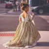 GULD SEBSIDE FLOWER GIRL Dresses With Lace Appliques Illusion Long Sleeves Girls Pageant Dress Kids Födelsedagsklänningar för PO SHOO2498357