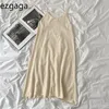 Ezgaga Abito con cinturino per spaghetti Donna Autunno senza maniche con scollo a V Solido A-Line Base Elegante abito lavorato a maglia Sexy Vestido Feminino 210430