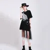 [EAM] Women Black Wings Stitch Mesh Big Size Dress Round Neck Short Sleeve Loose Fit Fashion Spring Summer 1W948 210512