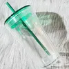 Clear 500ml Plastic Flat Lid Tumblers DIY Acrylic Water Bottles with Straw Double Walled Office Coffee Mugs Reusable Portable 16oz 17oz Transparent PS Drinking Cups