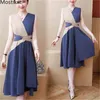 L-5XL blauwe zomer mouwloze jurk vrouwen plus size v-nek koreaans kantoor casual elegante sexy vintage vestidos jurken mujer 210513