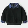 Spring Autumn Design 2 3 4 5 6 7 8 9 10 12 Years Children Turn-down Collar Denim Patchwork Sweatshirt For Kids Baby Boy 211110