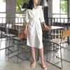 Blue White Turn Down Collar Shirt Dress Half Sleeve Solid Cross Cold Shoulder Midi Casual D0618 210514