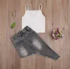 Çocuklar Bebek Kız Giysileri Setleri Yaz Halter Beyaz Dantel Yelek + Yırtık Çan Alt Denim Pantolon Jeans Çocuk Kıyafetler