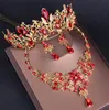 Barokowy Vintage Gold Red Crystal Zestawy Biżuterii Bridal Rhinestone Tiaras Crown Choker Naszyjnik Kolczyki Zestaw Akcesoria Ślubne